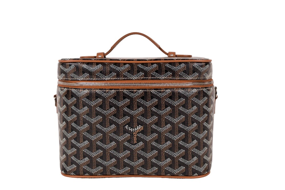 Goyard Brown Tan Black Muse Vanity Handbag Goyardine Coated Canvas Silver Hardwa